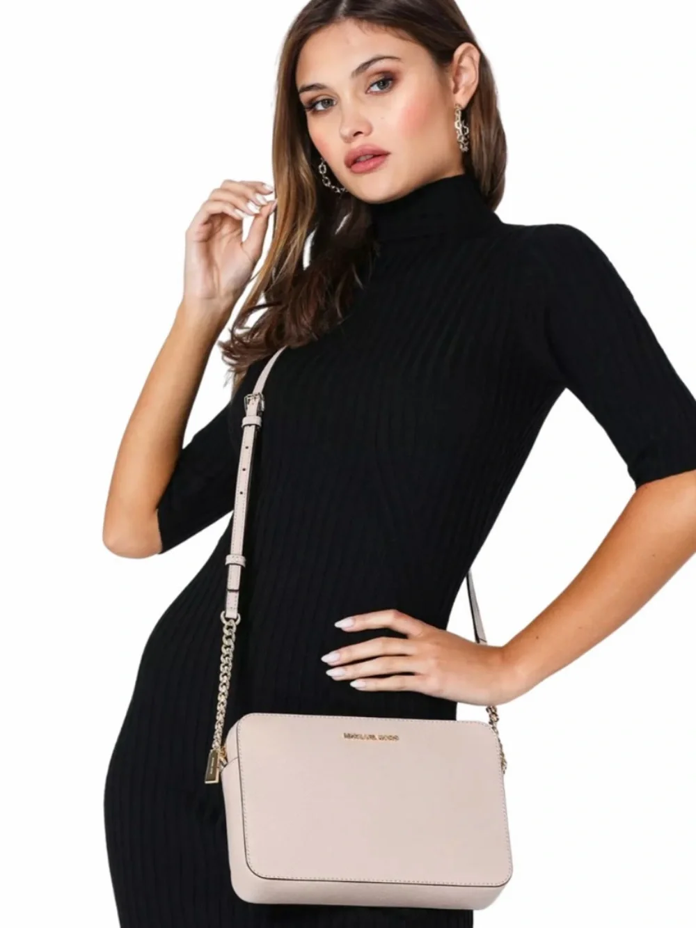 Michael Kors Jet Set Powder Pink Saffiano Crossbody with Gold Chain Detail